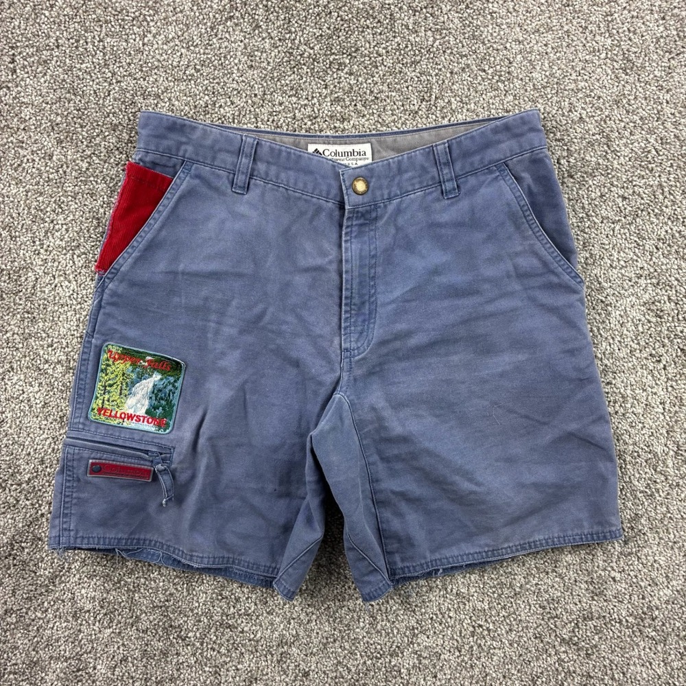 Vintage Columbia Shorts Kids 14/16 Blue Cotton Yellowstone Patch AB8197